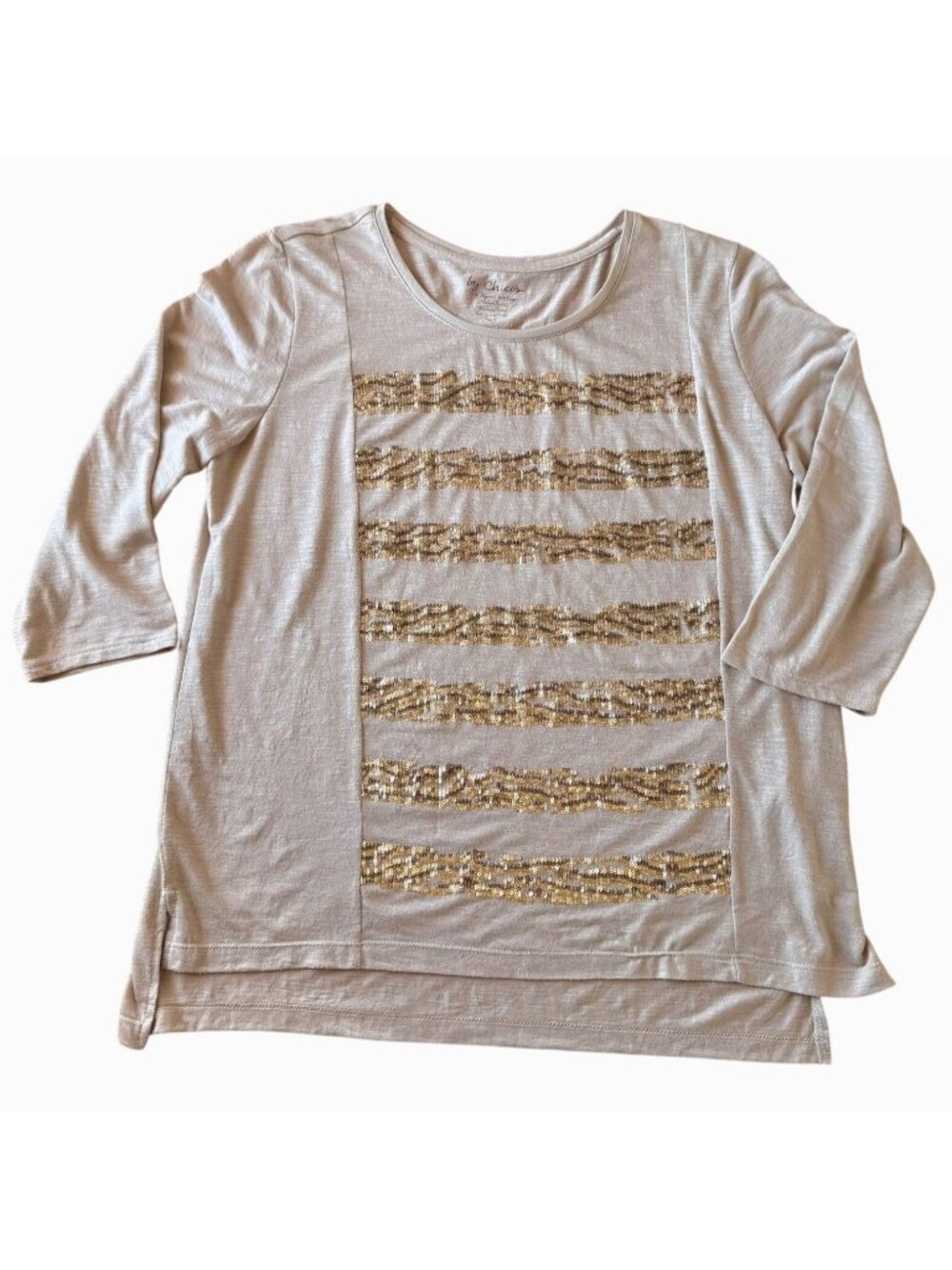 Chicos Beige and Gold Sequin 3/4 Sleeve Top Size Medium Effortless Elegance